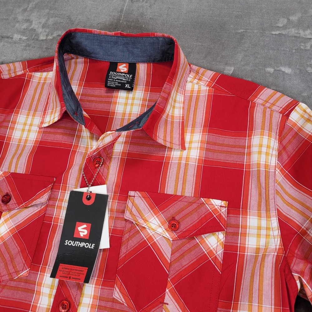 Southpole Mens XL Plaid Button Up Shirt Short Sleeve Top Red New - Picture 3 of 11